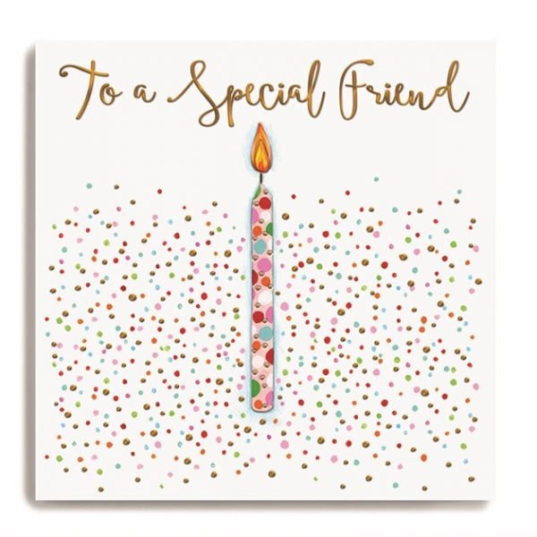 A birthday card with colour spots and a candle and To a special friend