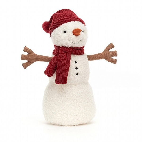 A sweet white cuddly snowman with stick arms a red hat and scarf and a carrot nose.