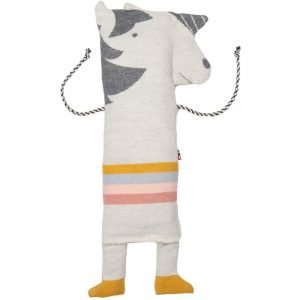 A reversible baby blanket in 2 shades of pink with pink hearts and a rainbow stripe across the bottom. Contained within a unicorn puppet.