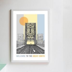 A pen and ink drawing of the tyne bridge with a lone runner coming across