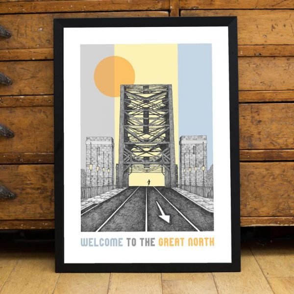 A pen and ink drawing of the tyne bridge with a lone runner coming across