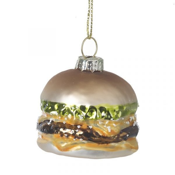 A glass hanging decoration made from glass and looks like a burger