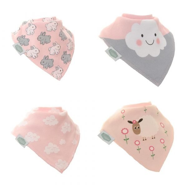 A set of four cute bibs which have a pale pink theme acorss all of them and with images of clouds, bunnies and sheep on them.