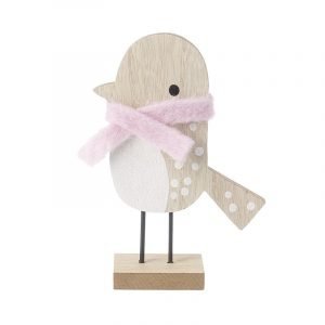 A cute little wooden bird with stick legs standing on a wooden base. The bird is wearing a little scarf
