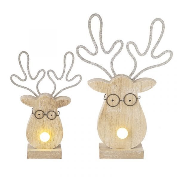 A wonderful wooden reindeer with metal sculpted antlers, little round glasses and light up noses. Available in two different sizes.