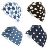A set of four cute baby bibs with a blue theme across them all. Some with stars, one with spots and the fourth with clouds.