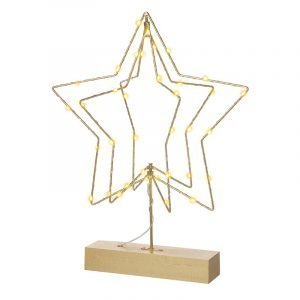 A 3d wire star decoration which stand on a wooden base and lights up tiny little lights all around the star.