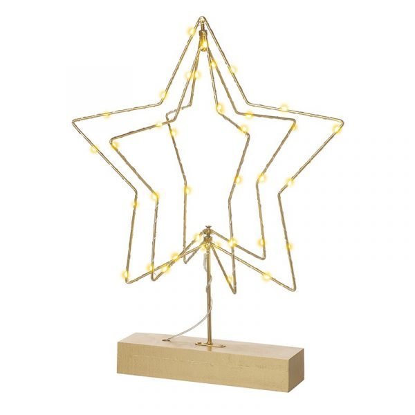 A 3d wire star decoration which stand on a wooden base and lights up tiny little lights all around the star.