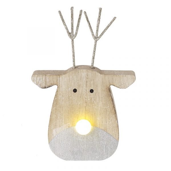 A wooden reindeer head with metal twig antlers and a light up nose.