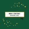 A Christmas card with a green background and stars around it and the wordin Merry Christmas Buggar Lugs printed in the centre of it.