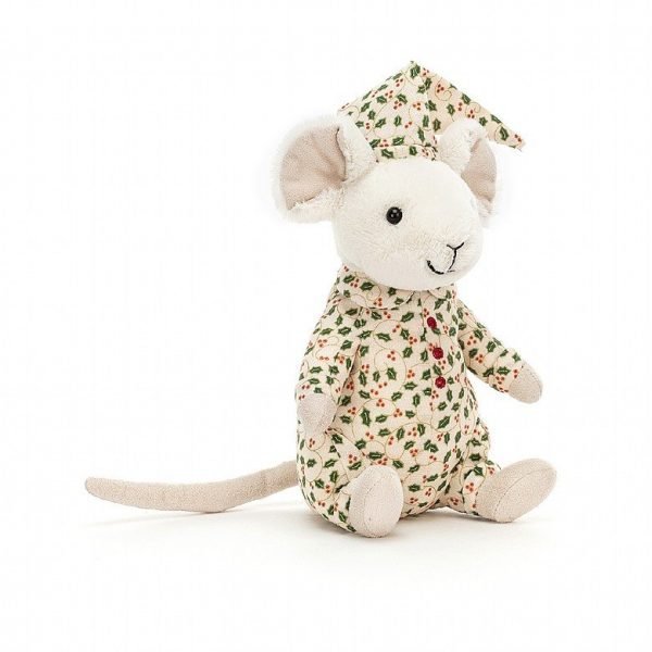 A cute little cuddly white mouse that is dressed in pyjamas and matching hat