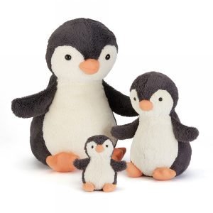 The three different sizes of peanut penguin from Jellycat