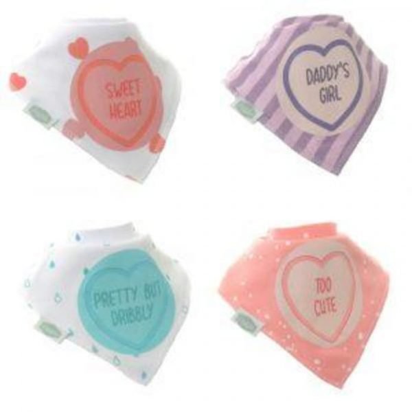 A set of four bibs with different designs based on the same theme of love heart sweets