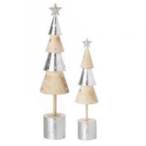 A fantastic wooden tree with 4 different layers. Two which are wooden and two that have been painted silver. The base of the tree is wooden but has been painted silver. The tree is available in two different sizes.