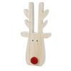 A fantastic wooden reindeer head with tall wooden antlers. The reindeer has a red pompom nose.