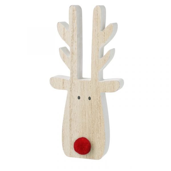 A fantastic wooden reindeer head with tall wooden antlers. The reindeer has a red pompom nose.