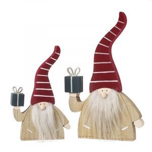 A sitting wooden santa claus with a tall red striped hat. The santa is holding a present and is available in 2 different sizes.