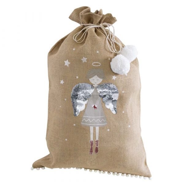 Personalised Angel Christmas Sack. A large hessian Christmas sack with pom poms and a sparkly angel design