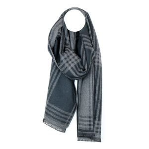 A charcoal grey and black checked scarf. A long check pattern and super soft feel