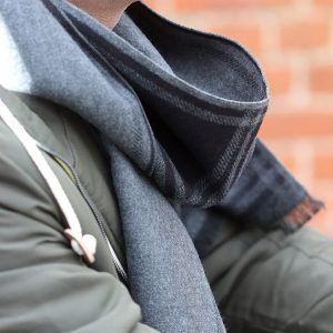 A charcoal grey and black checked scarf. A long check pattern and super soft feel