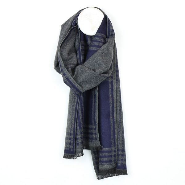 Grey and navy blue soft feel long men's scarf