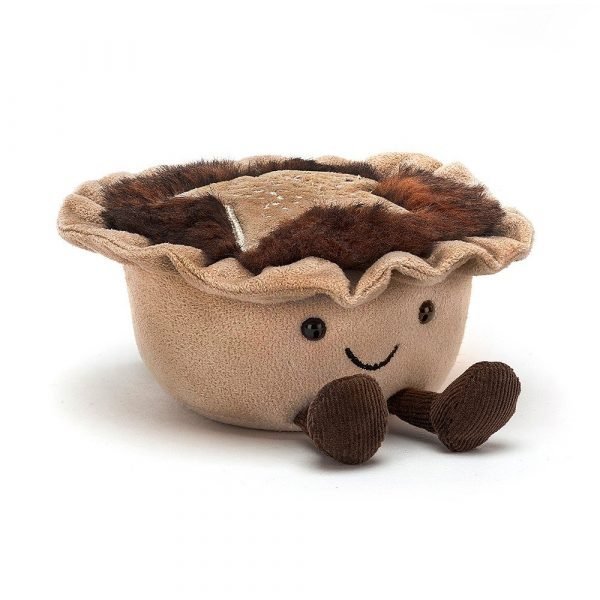 Jellycat Amuseable Mince Pie cuddly toy. With a cute face, furry topping and dangly legs