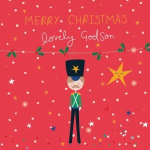 A godson Christmas card in bright red with little white stars and a little soldier