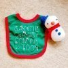 A green soft cotton babies bib in green with a red trim and velcro fastening with Santi Claus is coming to Toon