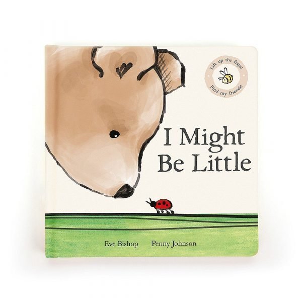 A cute book with an image of a bear sniffing a little beetle. The book is called I might be little.