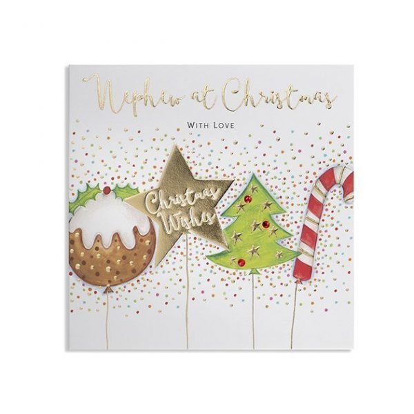 A lovely Christmas card with novelty balloon design with a Christmas pudding balloon, Star balloon, Christmas tree Balloon, candy cane balloon on the front of it.