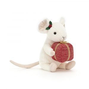 Jellycat merry mouse present. A little soft toy white furry mouse a holly leaf behind her ear and she is holding a red gift with a gold ribbon