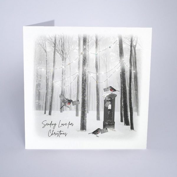 A beautiful Sending Love for Christmas card with an image of a post box with little robins with letters in their beaks.