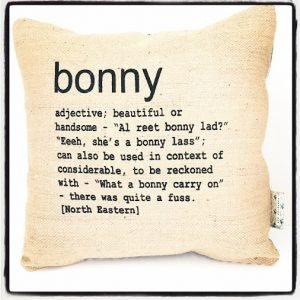 A hessian cushion with the definition of Bonny printed on it.