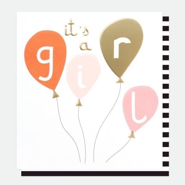 It's A Girl Balloons Card. Pink and gold foil balloons and its a girl