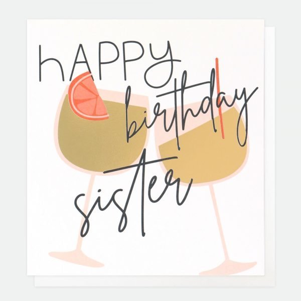 Sister Cocktails Birthday Card. A white square card with two cocktail glasses and calligraphy style writing over the top that says happy birthday sister. blank inside. By Caroline Gardner