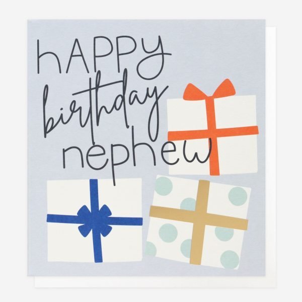 Nephew Presents Birthday Card. A pale blue square card with three brightly gift wrapped presents and happy birthday nephew in calligraphy style writing
