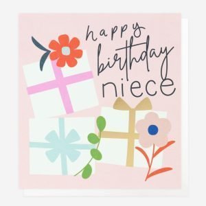 Niece Presents Birthday Card. A pale pink card with flowers and brightly coloured gift wrapped gifts. Happy Birthday Niece in calligraphy style text