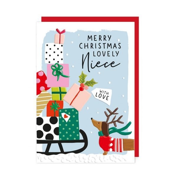 A lovely Merry Christmas Lovely Niece card with an image of a sausage dog next to a sleigh piled with presents.