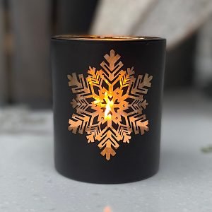 Black Snowflake Votive with gold effect and available in 2 different sizes.