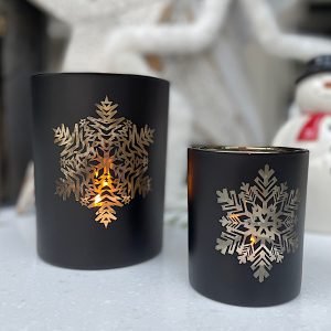 Black Snowflake Votive with gold effect and available in 2 different sizes.