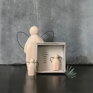 A sweet little wooden Guardian Angel Keepsake that is presented in a little cardboard box with the words A Guardian Angel Just for You printed on it.