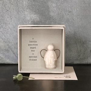 A lovely little wooden angel presented in a cardboard box with the words A Little Guardian Angel for a special friend printed on it.