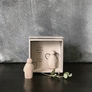 A lovely little wooden angel presented in a cardboard box with the words A Little Guardian Angel for a special friend printed on it.