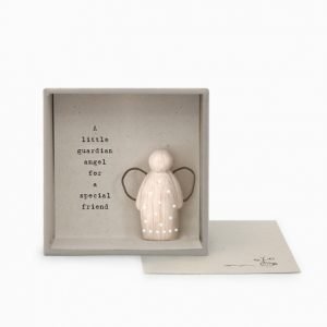 A lovely little wooden angel presented in a cardboard box with the words A Little Guardian Angel for a special friend printed on it.