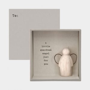 A sweet little wooden Guardian Angel Keepsake that is presented in a little cardboard box with the words A Guardian Angel Just for You printed on it.