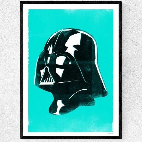 An A3 print of Darth Vader's helmet on a blue background