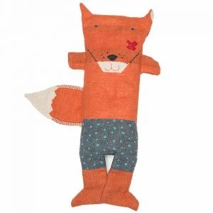 A navy blue and turquoise speckled reversible blanket inside a sweet fox arm puppet