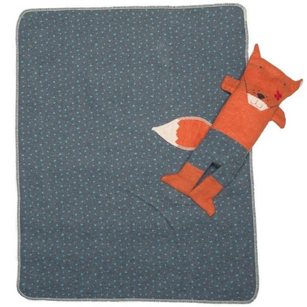 A navy blue and turquoise speckled reversible blanket inside a sweet fox arm puppet