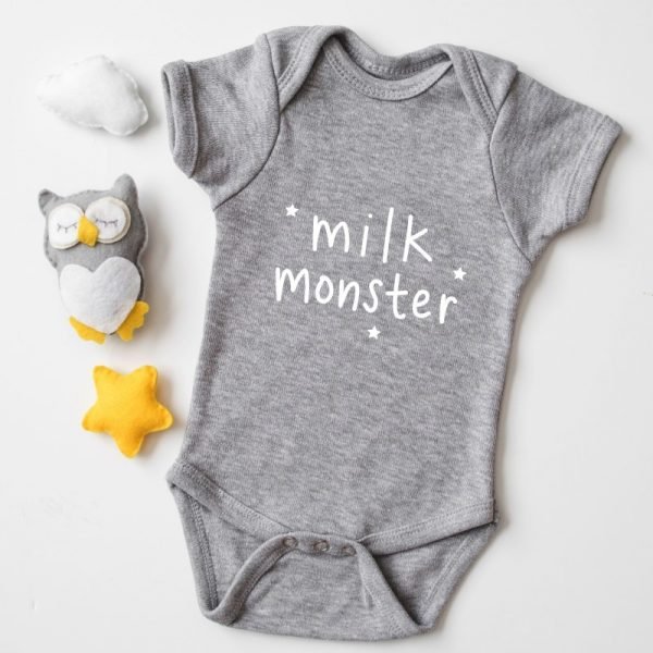 A grey baby vest with milk monster printed on the front in white