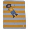 A pale blue and yellow striped blanket with a white star. The blanket folds up to fit into a a sweet monkey puppet